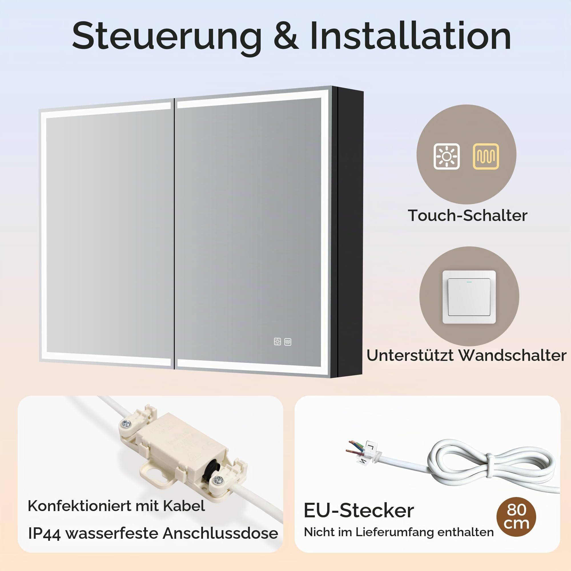 STARLEAD Spiegelschrank Bad mit Beleuchtung LED 80 x 60 cm – Schwarz Matt Aluminium Badezimmerschrank mit Steckdose, Anti-Beschlag Funktion, Dimmbar, 3 Lichtfarben, IP44 & Soft-Close