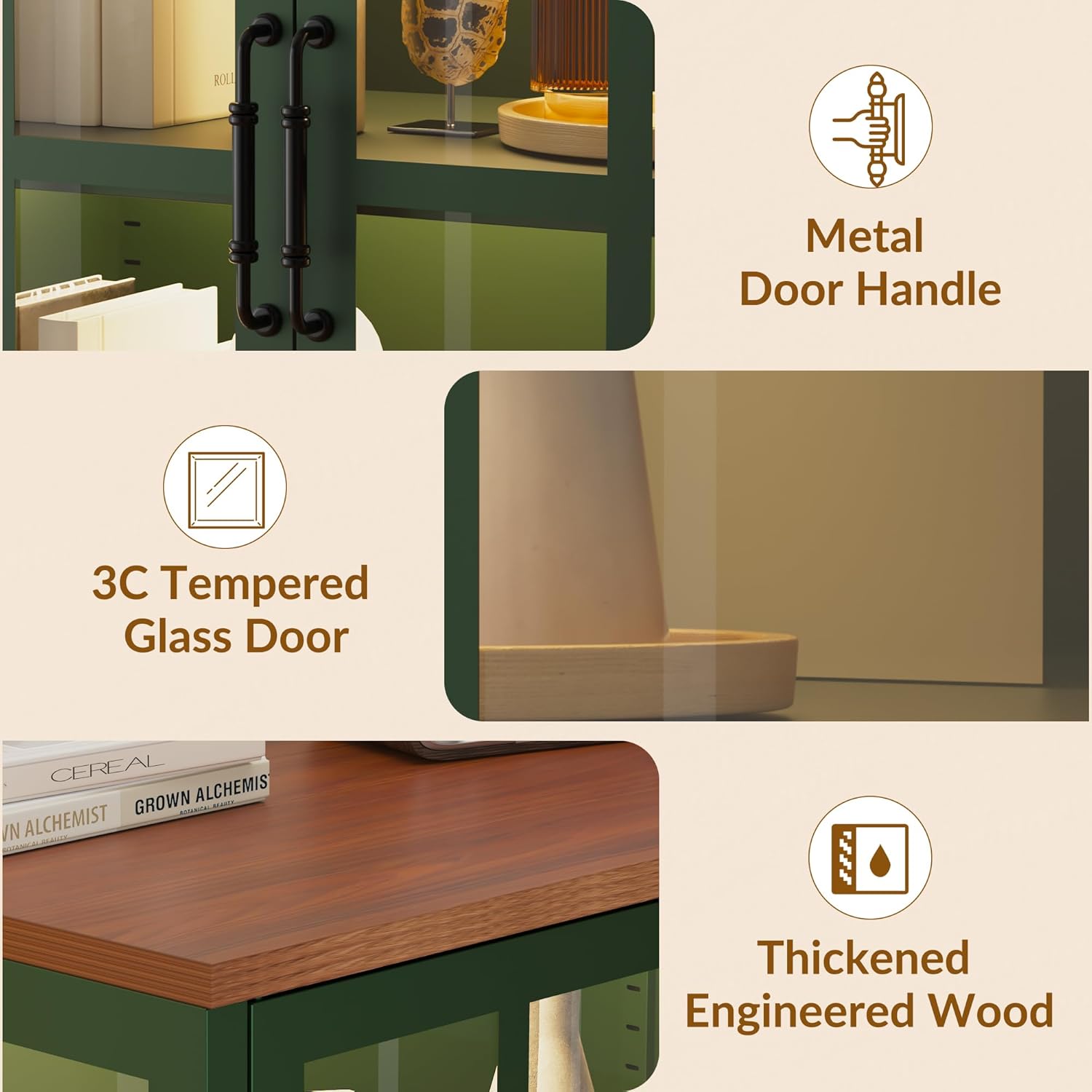 53" 3-Sided Glass Sideboard Buffet Cabinet with COB Lights, Adjustable Shelves, Modern Metal-Wood Buffet Table with Storage, Glass Display Cabinet for Coffee Bar Dining Room Kitchen, Green