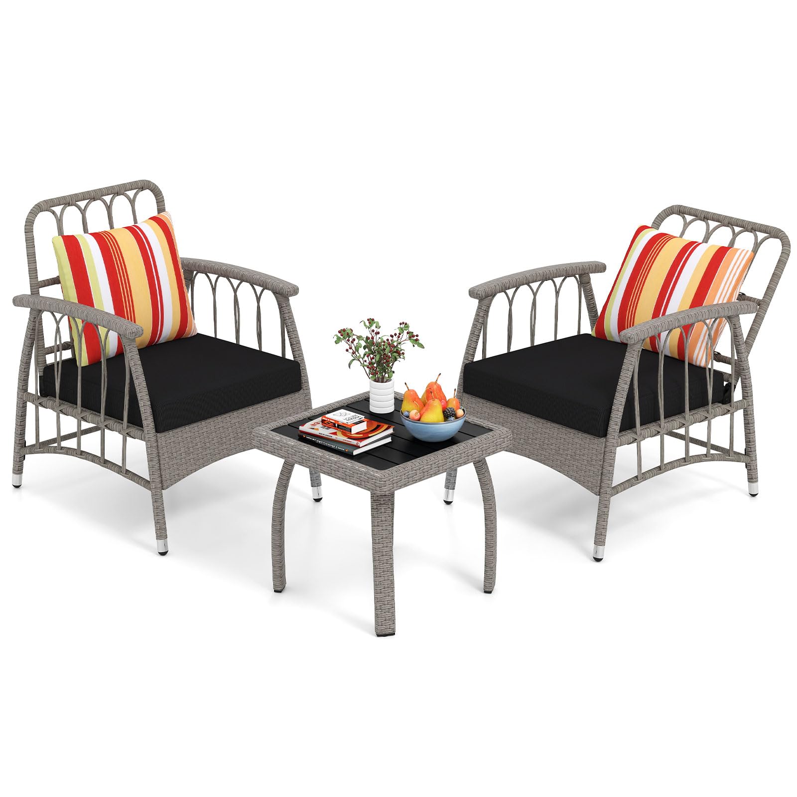 COSTWAY 3 PCS Rattan Bistro Set, Patio PE Wicker Furniture Set with 5-Level Adjustable Backrest, Cushions and Coffee Table, Outdoor Table and Chairs Set for Porch, Balcony and Garden