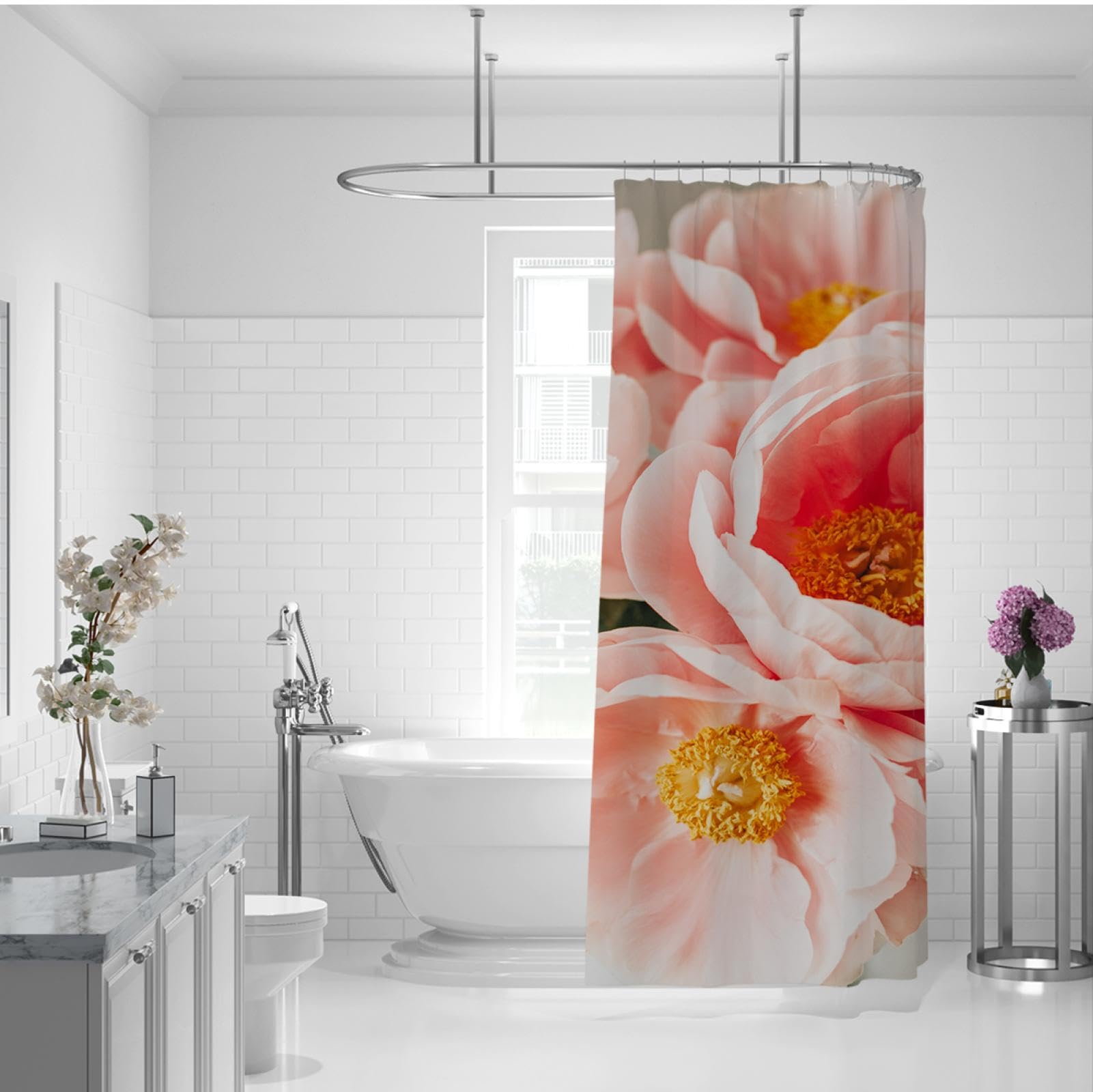 Rosa & Gelbe Blumen Duschvorhänge Blumenkunst Ästhetisches Badezimmer Dekor Set mit Haken Neujahrsdekor wasserdichte Duschvorhangauskleidung 180Bx240Lcm