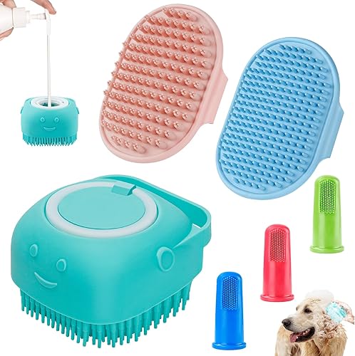 Comotech Cepillo de aseo para perros 3 en 1 | Cepillo de champú y estropajo con mango ajustable para perros y gatos de pelo corto y largo (azul,