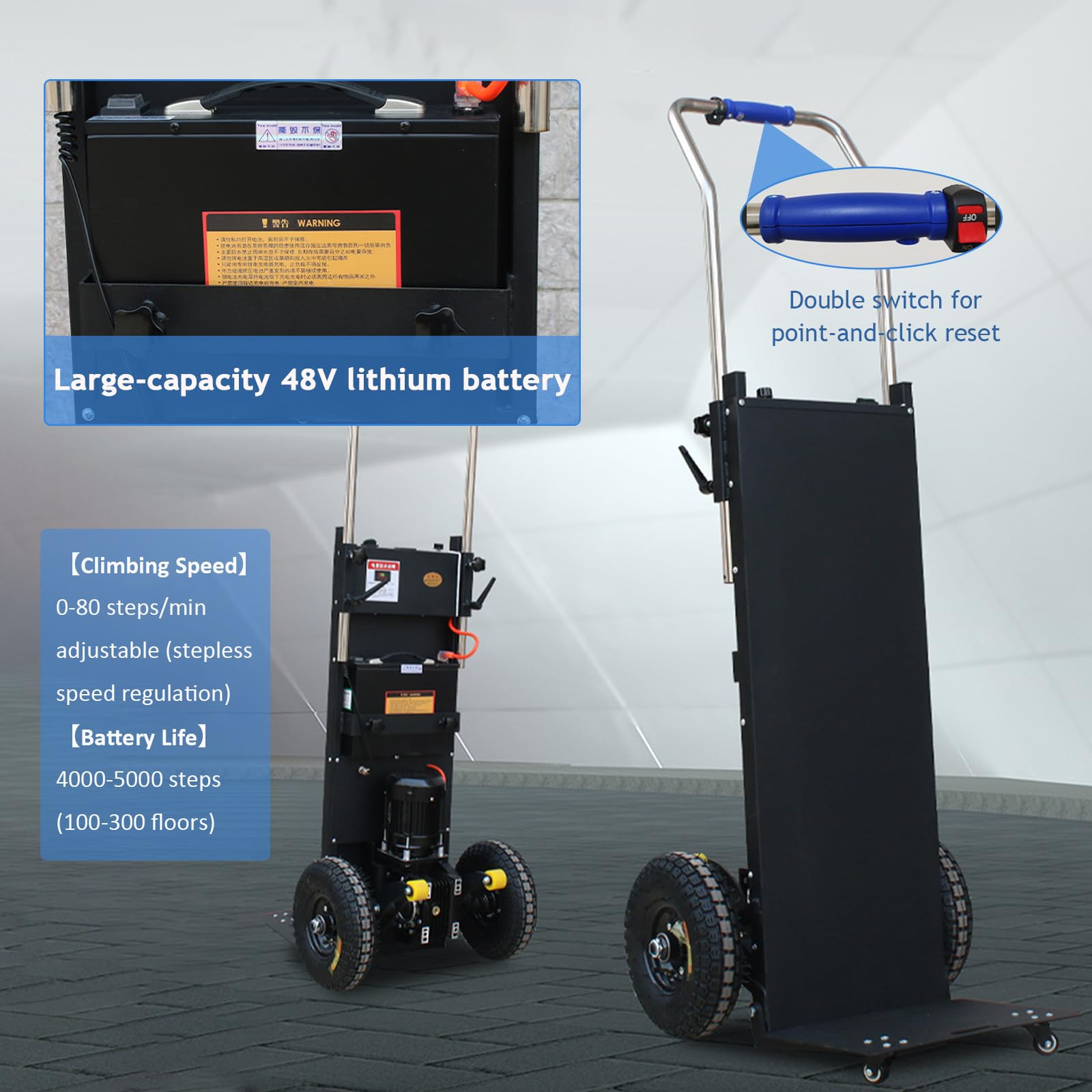 Elektryczny wózek schodowy z funkcją łatwego podnoszenia/opuszczania, 1500 W, ładowność 881 funtów, do transportu i dystrybucji w magazynach i logistyce.,