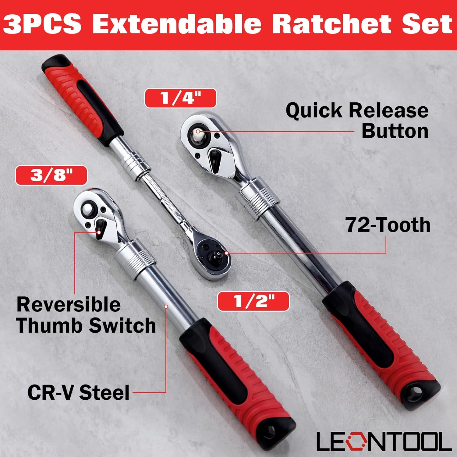 3 Piece Extendable Ratchet Set 1/4 3/8 1/2 Inch Drive Retractable Socket Wrench, 72 Tooth Reversible Ratcheting Feature Quick Release Locking Ratchets, CR-V, Soft Grip Handle Hand Tools