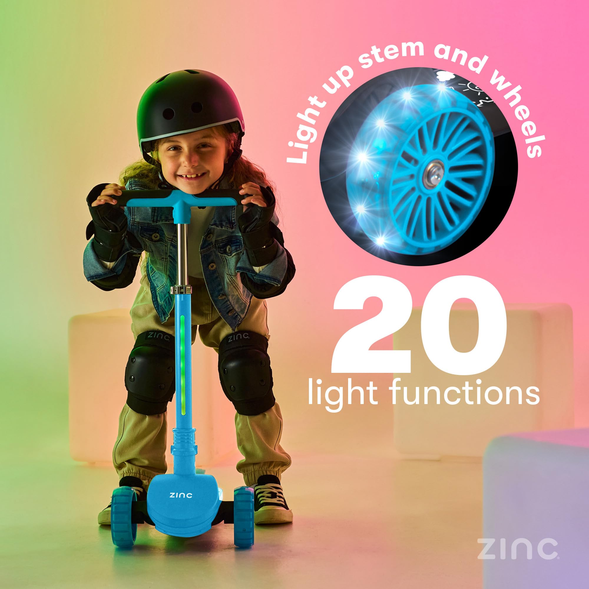 Zinc T-Motion Shine hulajnoga dla dzieci w wieku od 3 lat – trójkołowa, składana hulajnoga dla chłopców i dziewcząt, z podświetlanym blatem i kółkami LED, regulowana kierownica, sterowanie pochyleniem