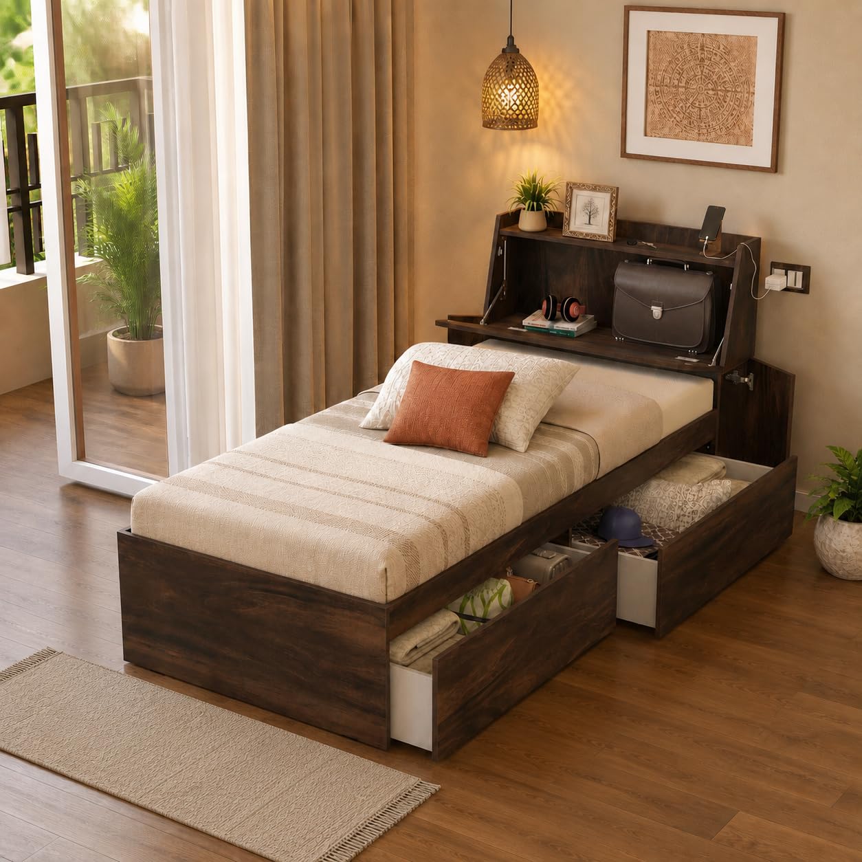 Studio Kook Tribe Right Single Bed with Headboard Storage & 2 Drawers | Engineered Wood Bed | Fits 78 x 36 inch Mattress | Junglewood | Mattress Not Included
