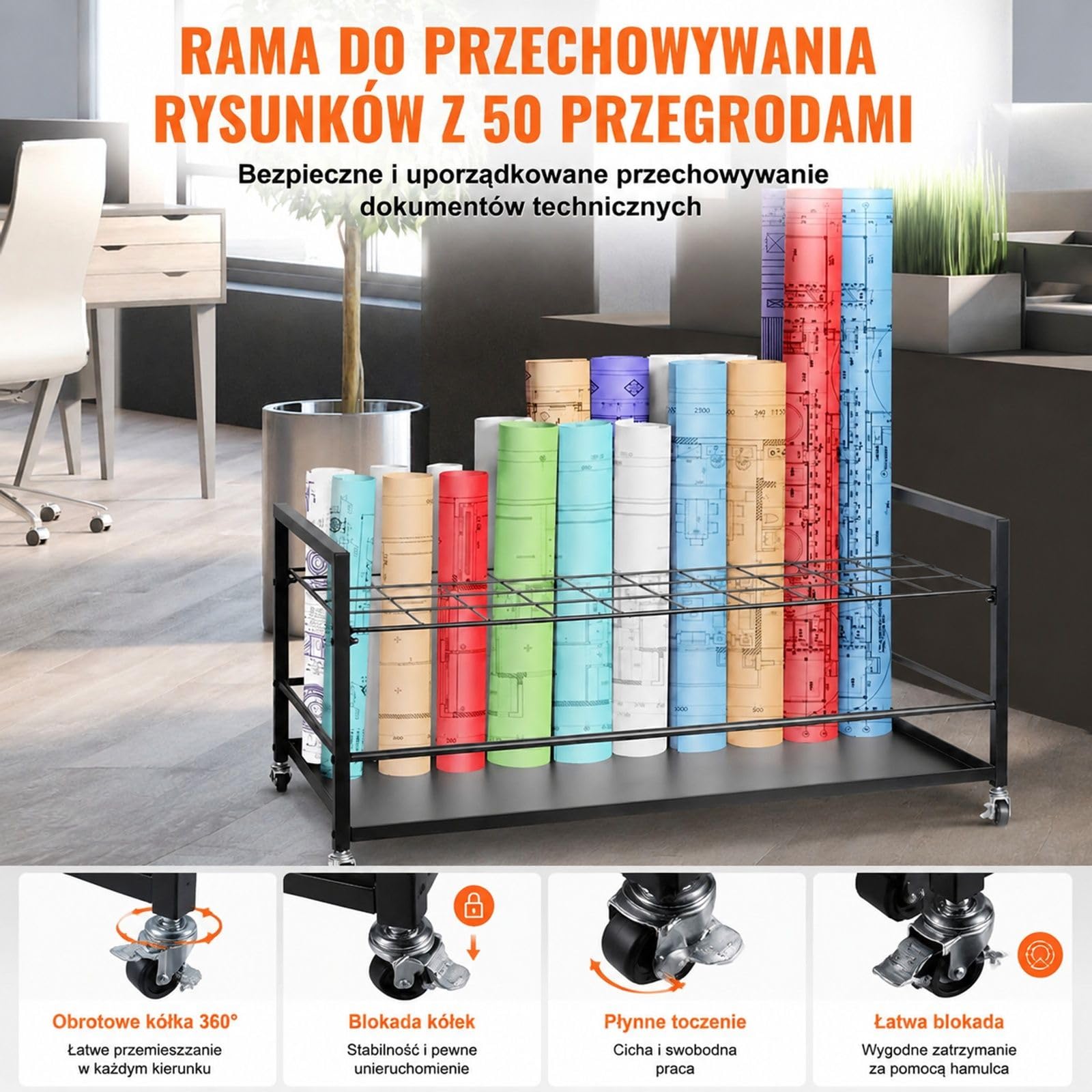 Metalowy stojak na plany z 50 przegródkami i kółkami, czarny mobilny uchwyt na mapy, plakaty i dokumenty do domu, biura i szkoły