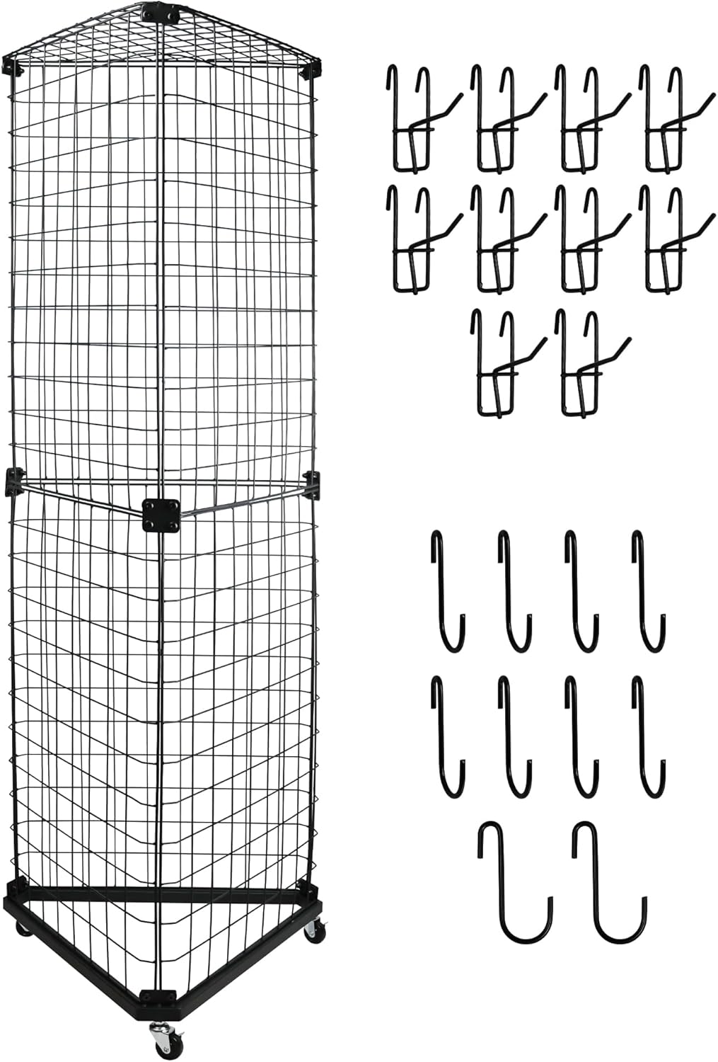 Black Triangular Wire Gridwall Panel Display with Base and Casters, Retail Gridwall Shelves Panel Stand for Home Organization, Retail, Trade Show