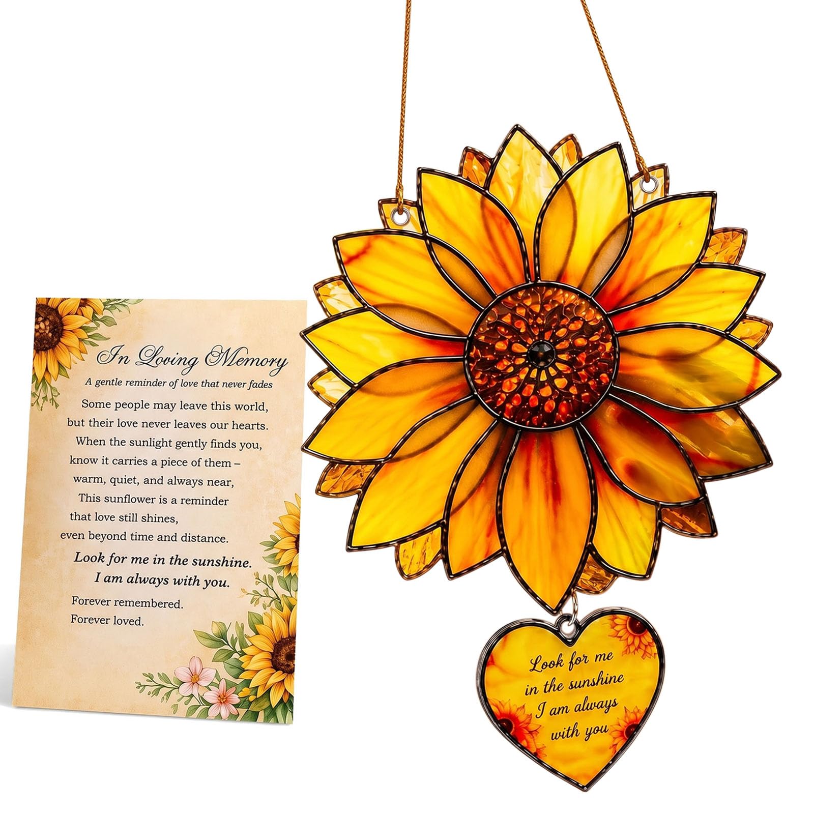 casicial Sunflower Memorial Suncatcher Ornament Sympathy Gift for Loss of Loved One Acrylic Window Hanging Decor Bereavement Remembrance Keepsake with Condolence Card