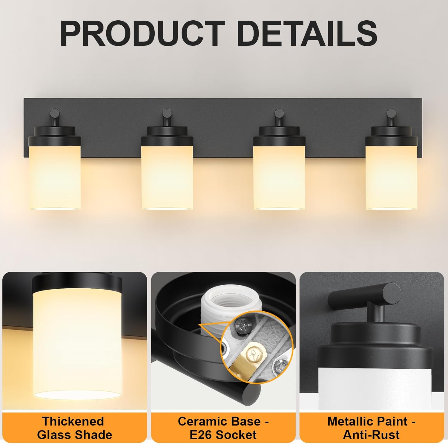 IZORRO Bathroom Vanity Light Fixture, 4-Light 27.5 Inch Matte Black Bathroom Light Fixtures Over Mirror, with White Glass Shade, Modern Farmhouse Vanity Lights, Rustic Restroom Lighting Fixtures