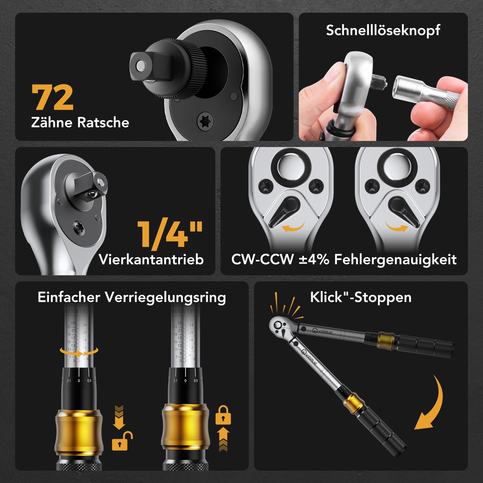 VIGRUE Juego de llaves dinamométricas para bicicleta, llave dinamométrica de 1/4 pulgadas, 5-25 Nm, ± 4% de precisión de error con barra de extensión, articulación universal, funda de bujía magnética,