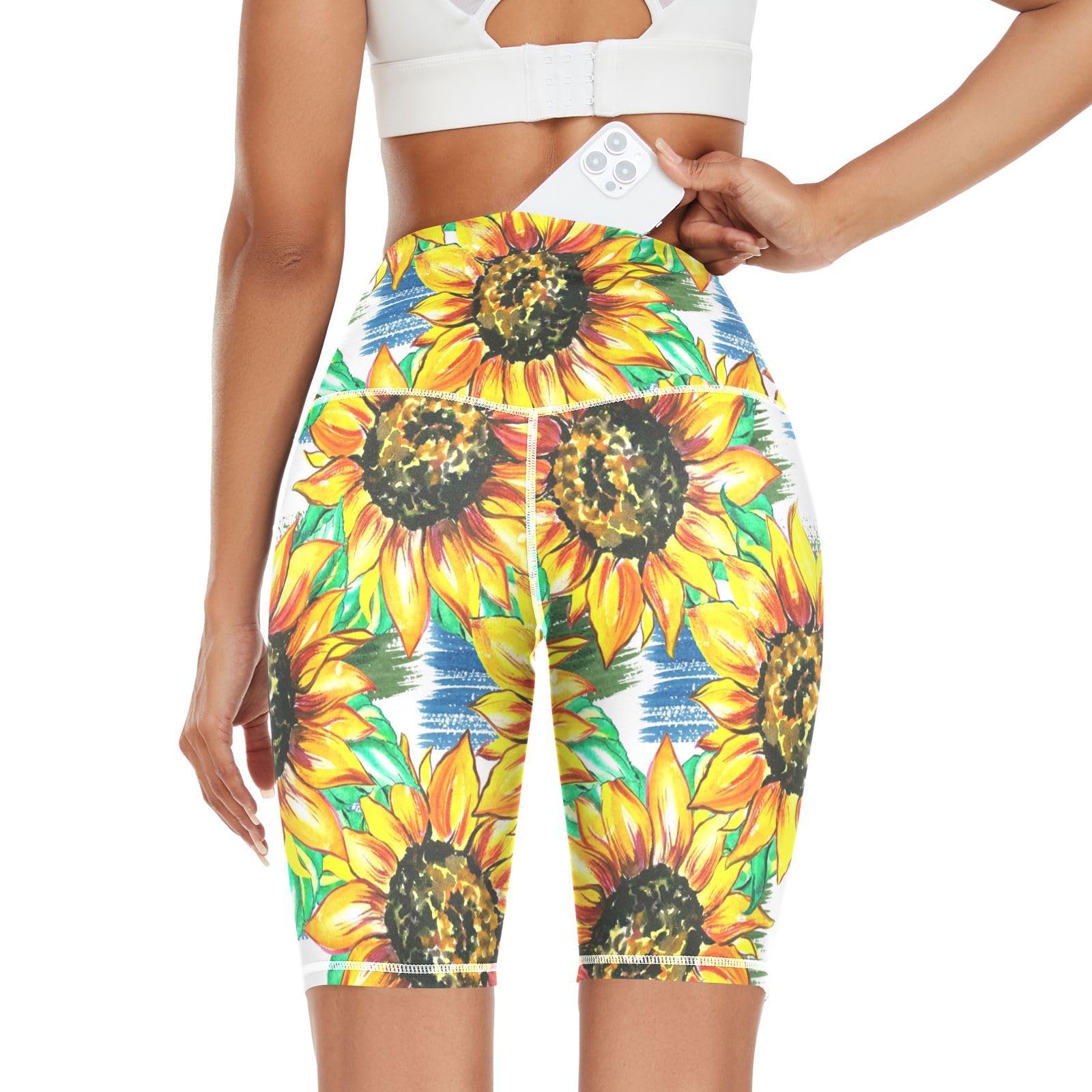 Linomo Women's High Waist Yoga Shorts, Sunflower Workout Running Shorts Gym Cycling Shorts Yoga Leggings for Women Girls Multicoloured
