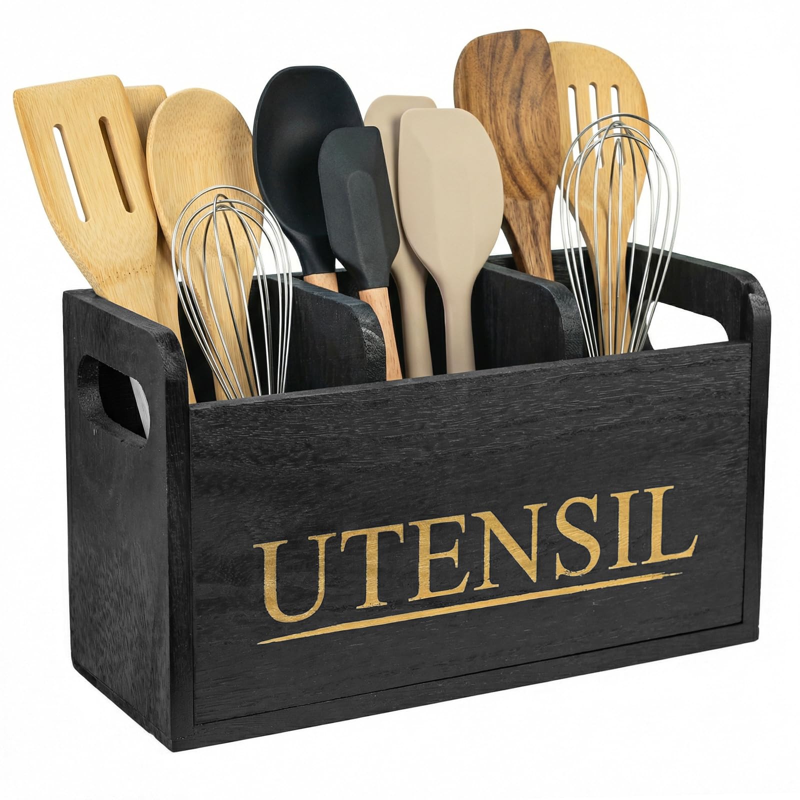 Kitchen Utensils Holder, 3 Compartment Wood Cutlery Holder with Drainage Bottom Removable Divider, Farmhouse Utensil Organiser Cutlery Caddy, Wooden Cooking Tools Storage for Countertop (Black)