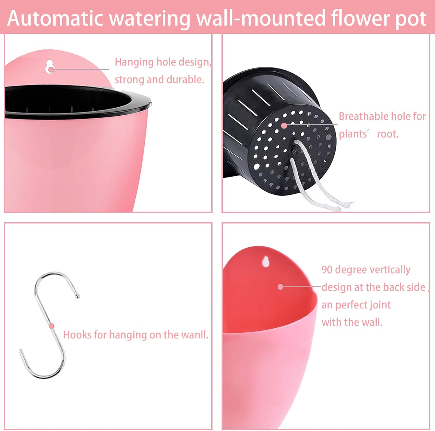 7Pack Self-Watering Plant Flower Pot Wall Hanging Plastic Planters Size 7 inch with 7 Hooks Replacement for Plants Flowers Indoor Outdoors