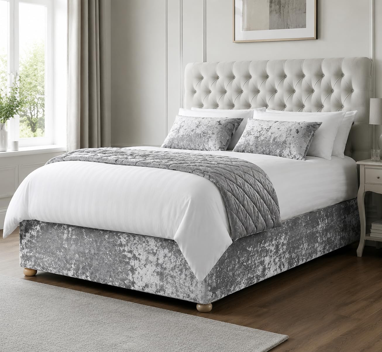 Silver Grey Crushed Velvet super king Divan Bed Base Cover – Elasticated Wrap Bed Skirt Valance Sheet – Soft Plush Fabric, Dust Resistant & Easy Fit Fitted BedBase Covers (SuperKing Bed Skirt)