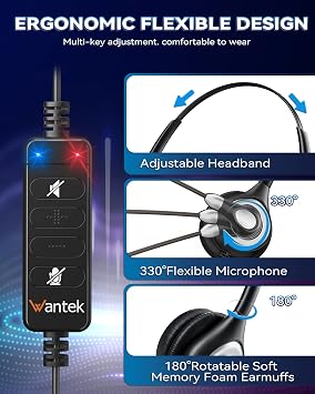 Wantek Corded USB Headset with Microphone Noise Cancelling & in-line Controls, Computer Headphones for Laptop PC Skype Zoom Webinar Classroom Home Office Business, Clear Chat, Ultra Comfort(UC602)
