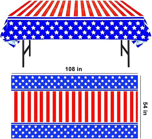 Miniatura 3 de CAMIRUS 4 manteles con diseño de bandera estadounidense, mantel patriótico del 4 de julio (54 x 108 pulgadas), mantel de plástico con estrellas y