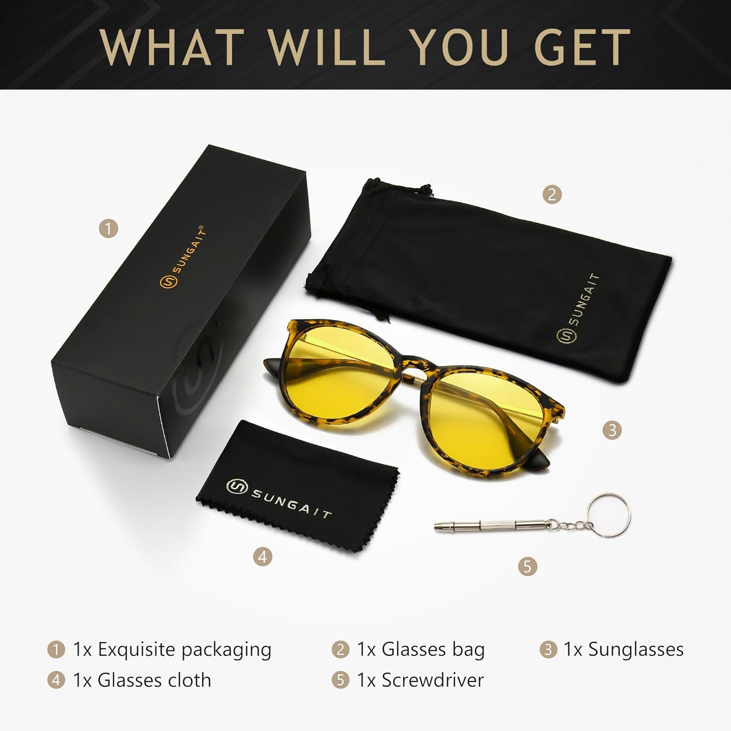 SUNGAIT Vintage Round Sunglasses Night Lens + Sunglass Case