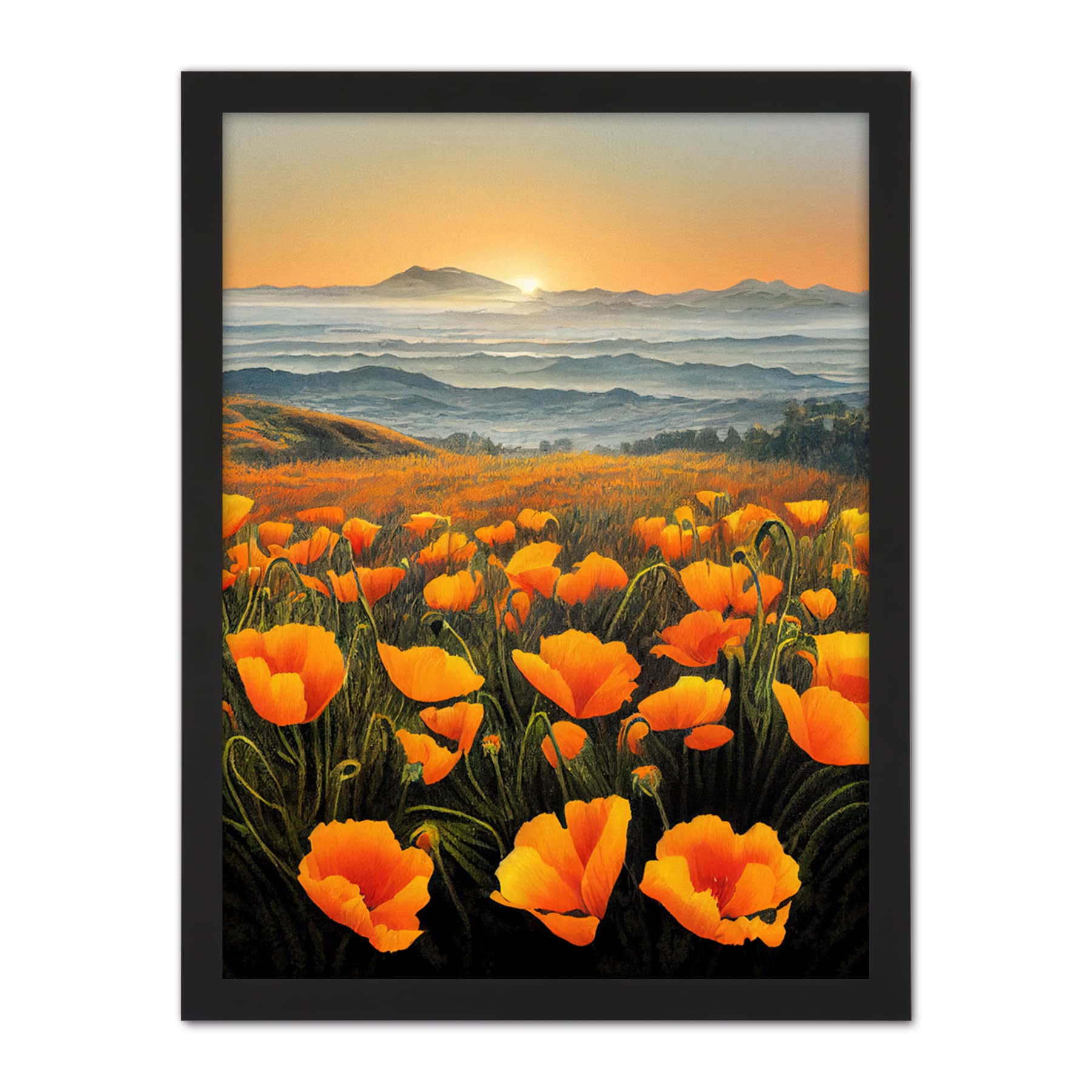 Doppelganger33 LTD Shoreline California Poppies At Sunrise Painting Artwork Framed Wall Art Print 18X24 Inch