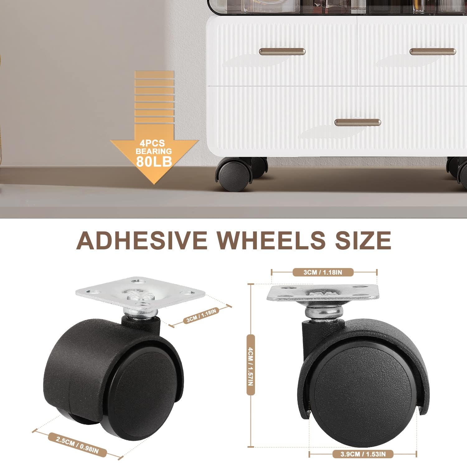 8 PCS 1" Free Punching Pastable Plate Caster with Stickers and Screws, Self Adhesive Swivel 360° Rotation Universal Wheel, for Small Appliances, Furniture, Trash Can, Storage Box