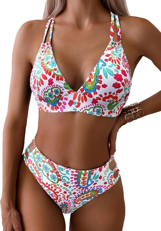 Fanuerg Women's Sexy V Neck Bikini Sets Hollow Out Two Piece Swimsuits Cutout Mid Waist Bathing Suit