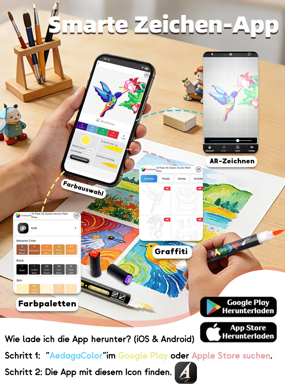 AEDAGA 60 Acrylstifte mit App, 120 Farben Doppelspitze Acrylic Marker Set | Automatische Tintensteuerung | Vielseitig einsetzbar | Farbcode | Starke Deckkraft | Acrylmarker für Leinwand, Glas, Keramik