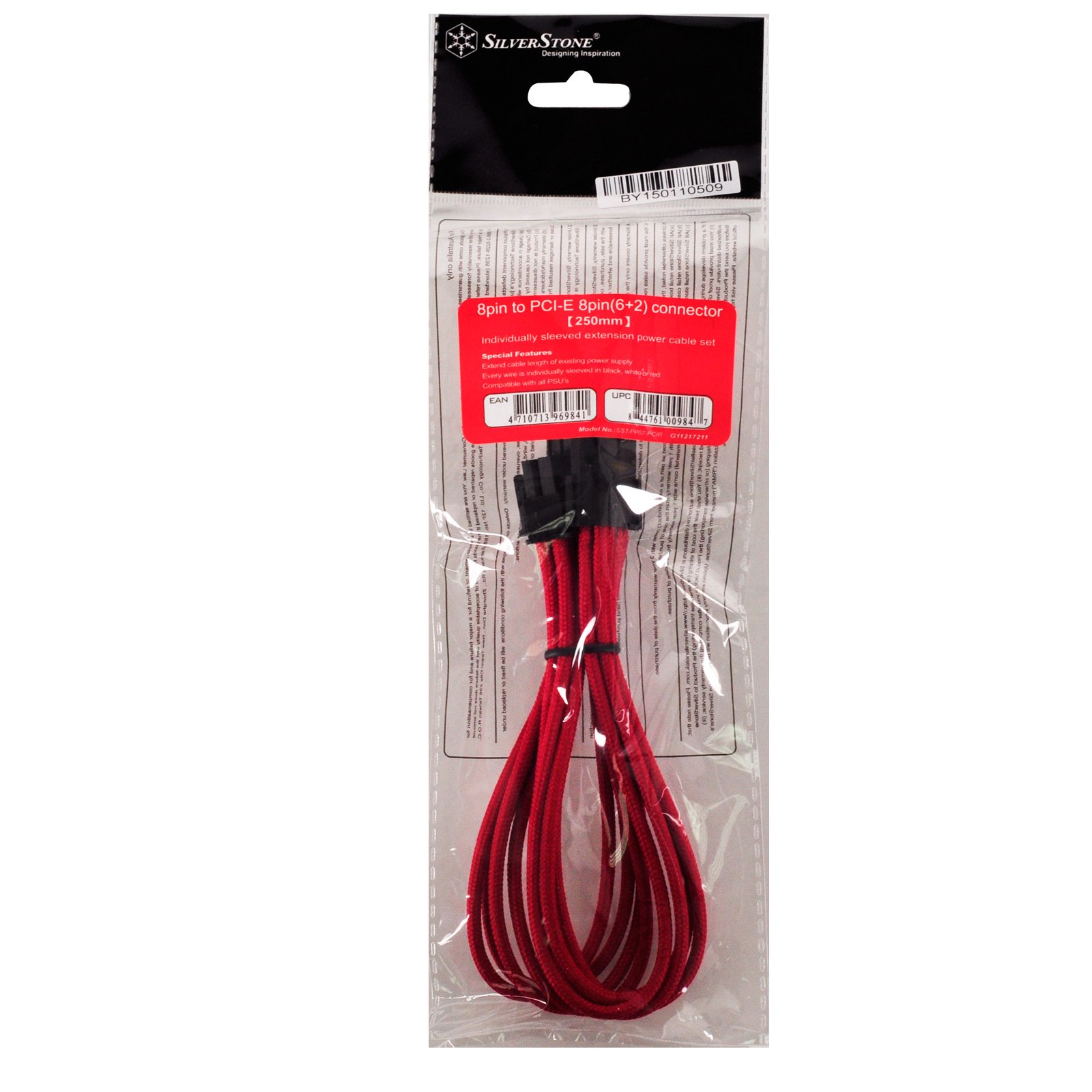 SilverStone SST-PP07-PCIR - cavo di estensione sleevato 8pin a PCI-E 6+2pin, 25cm, rosso - Vista 3