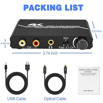 HDMI 2.0 Audio Extractor - 4K HDMI to Optical & 3.5mm AUX Stereo RCA L/R Audio Converter with Volume Control & HDCP 2.2 Support