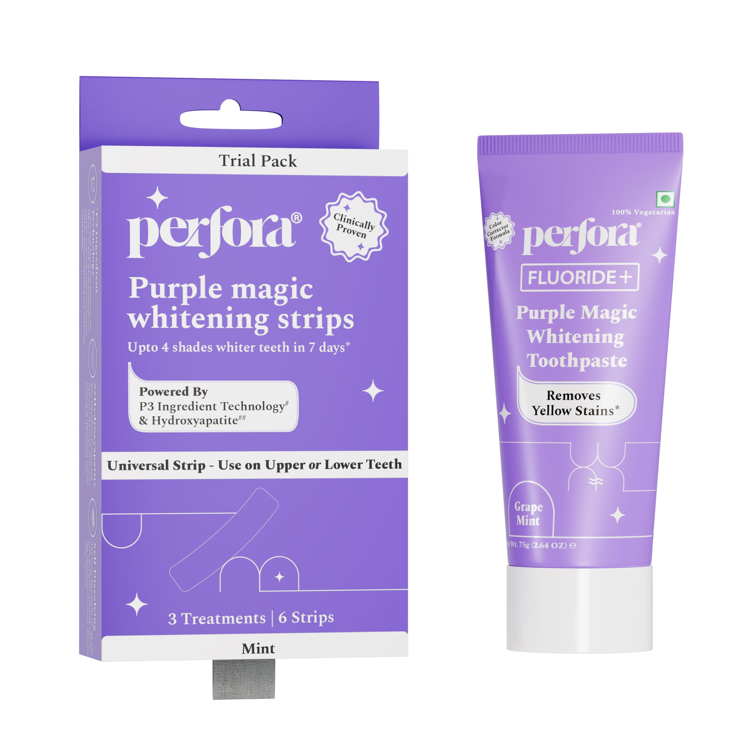 Perfora Bright Boost Combo - Teeth Whitening Strips Pack of 3 with Purple Whitening Toothpaste 75g | Colour Correcting Technology | Instant Brightening | Surface Stain Removal-picture-35