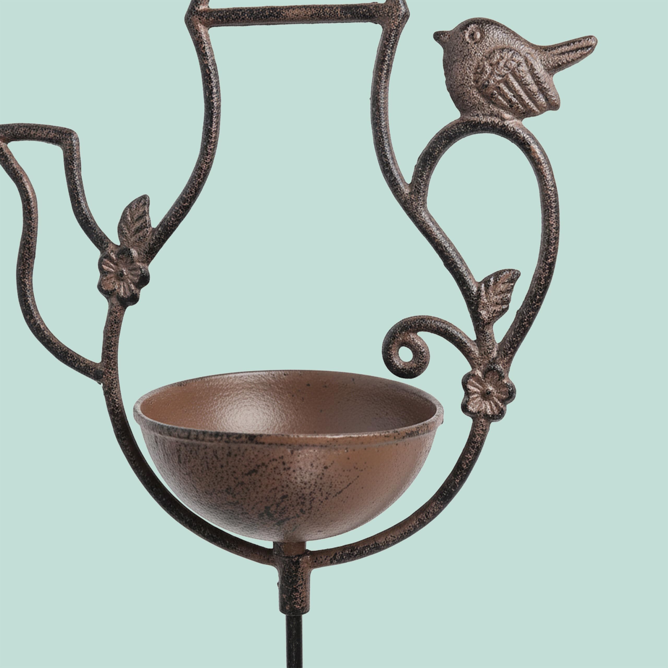 Relaxdays Abbeveratoio a teiera per Uccelli, 86×27×13 cm, ghisa, con picchetto, Ciotole Acqua e Cibo, Marrone