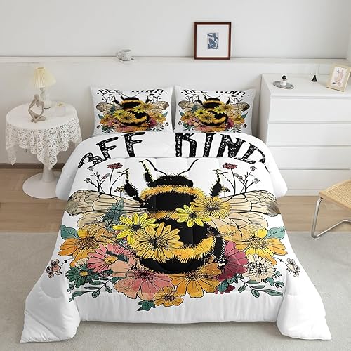Juego de edredón de flores y margaritas de abeja, juego de ropa de cama rústica de 3 piezas para niños, adolescentes y niñas, edredón de cama de