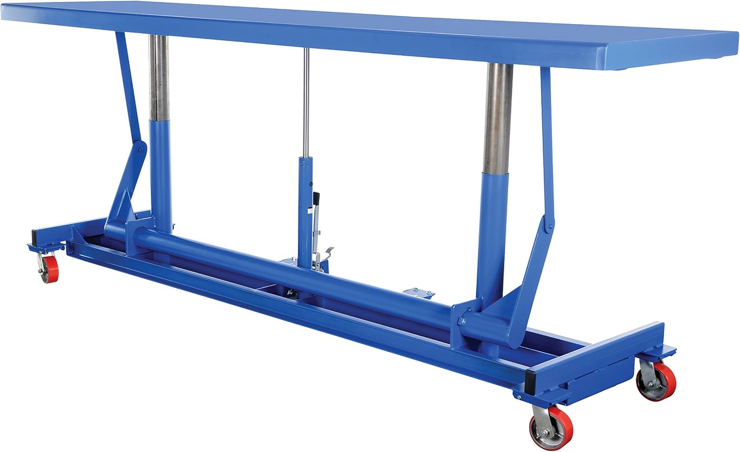Angled view of the Vestil 120x30 Ergonomic Long Deck Cart 2k, showing the hydraulic lift cylinders