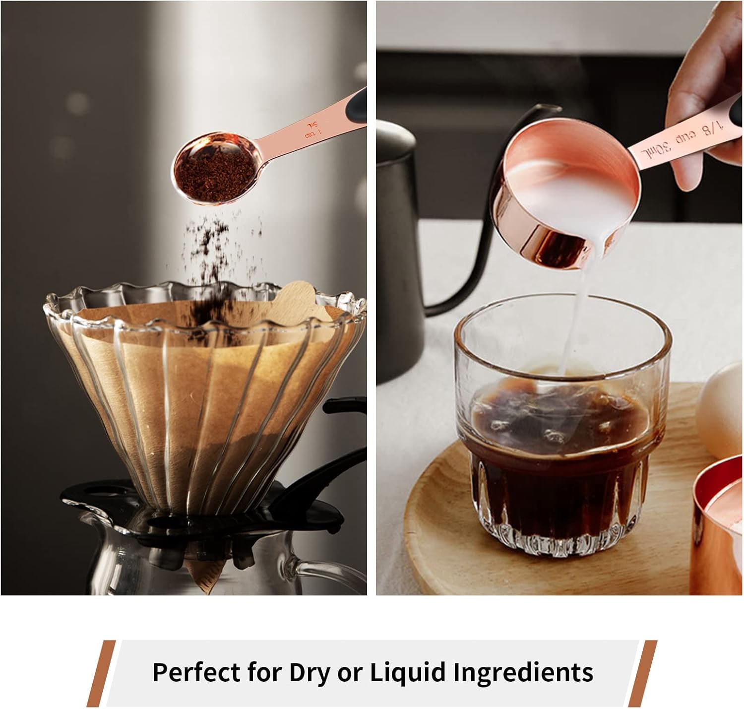 Joyhill Copper Measuring Cups and Spoons Set of 10 Piece, Stainless Steel Nesting Measuring Cup Set with Soft Touch Silicone Handles for Dry and Liquid Ingredients