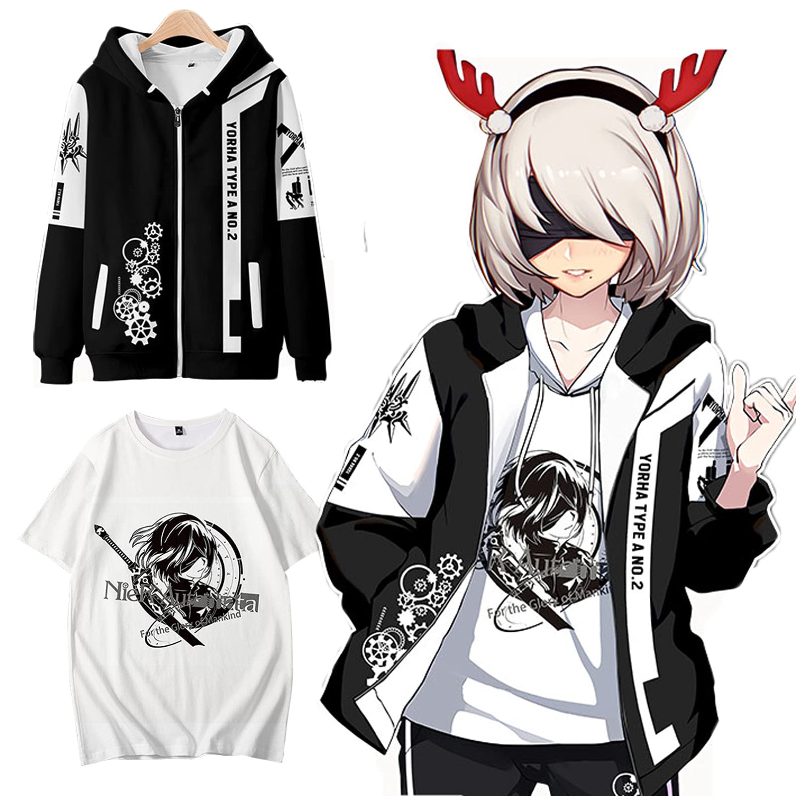 Amazon ニーアオートマタ 2b ヨルハ二号b型 コスプレ衣装 パーカー Tシャツ セット Nier Automata キャラクター風 春秋服 フード付き 夏服 メンズ ファッション プリント おしゃれ カジュアル ハロウィン イベント パーティー 仮装 プレゼント ブラックパーカー T