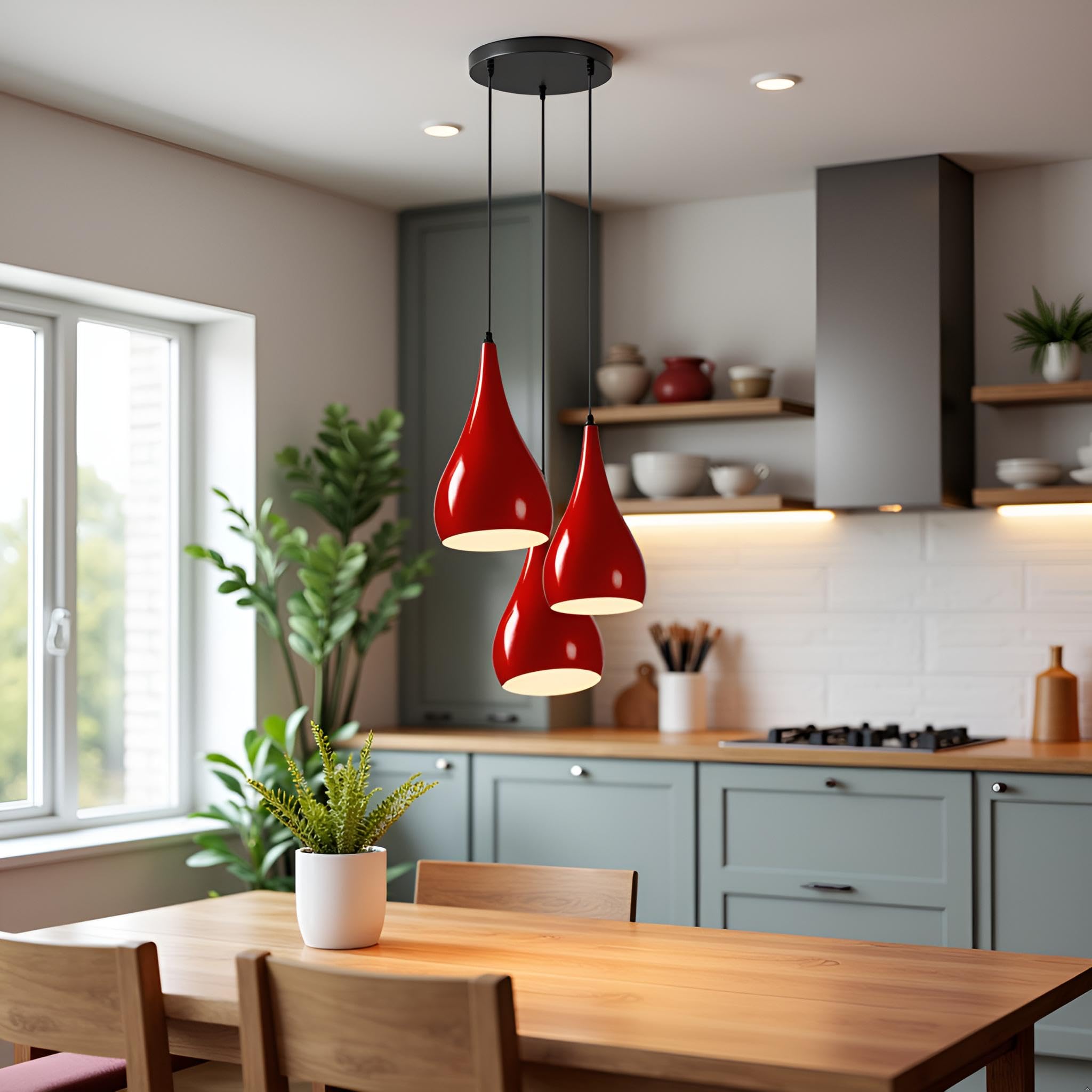 LEDSone Lampadario a sospensione a 3 teste, moderno in metallo a goccia a goccia, lampada a sospensione a grappolo con attacco E27 per soggiorn (Borgogna)