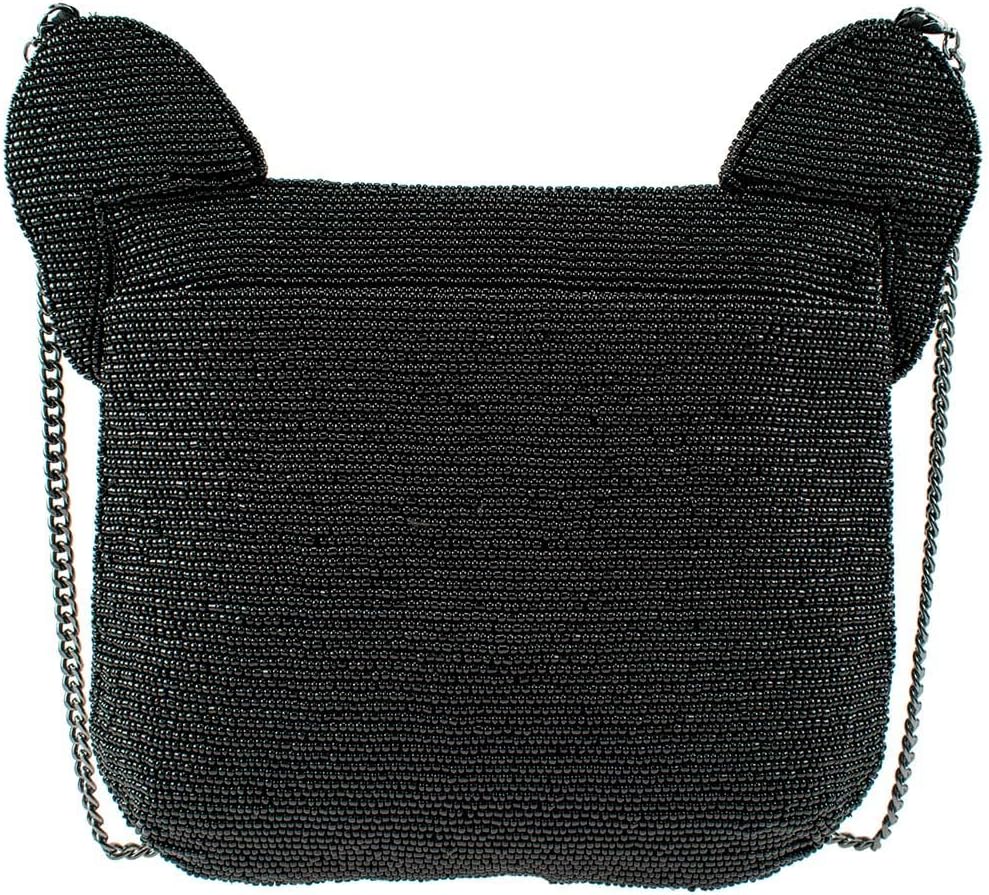 Mary Frances Throw Me A Bone Beaded Handbag – French Bulldog Crossbody Clutch with Sunglasses Motif, Black