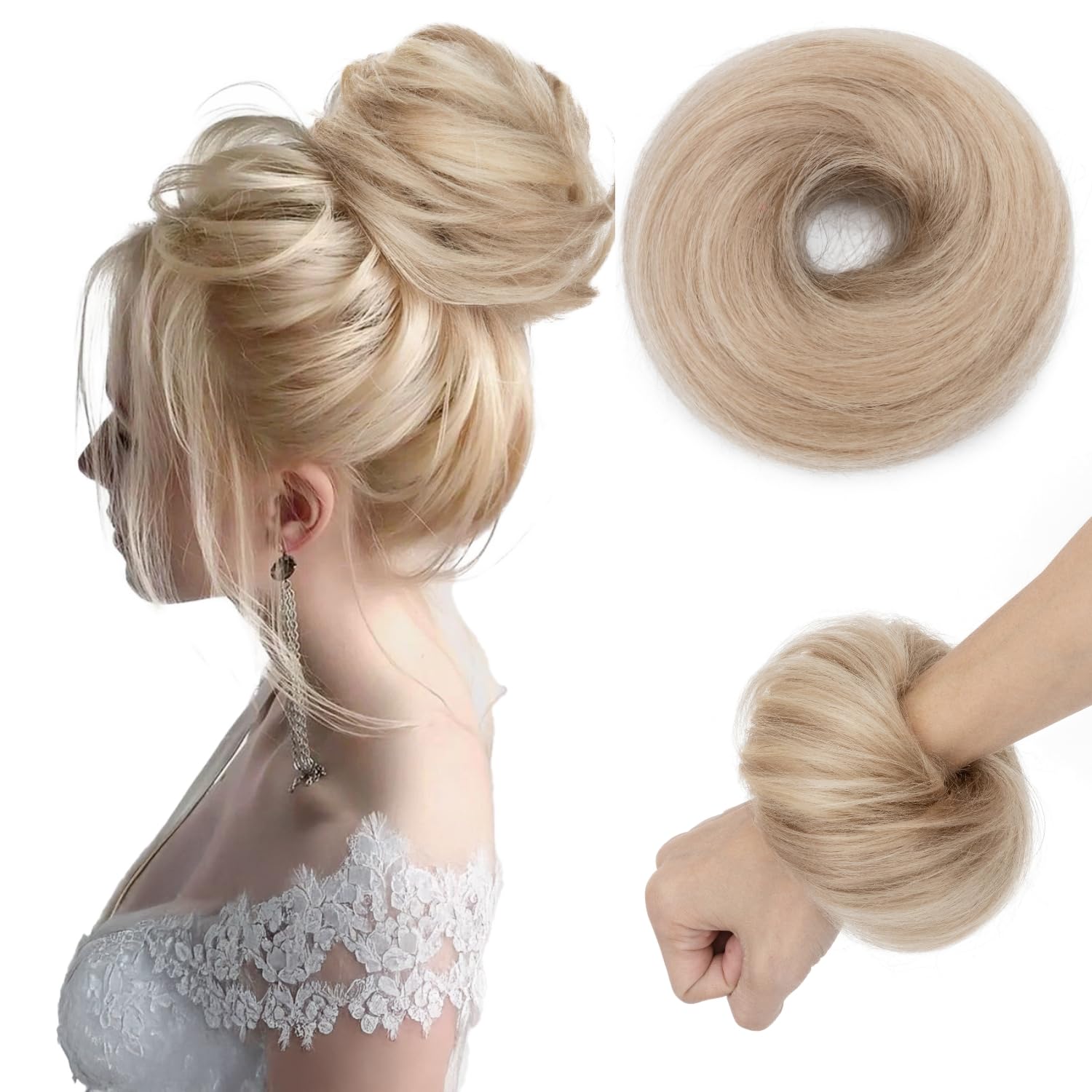 tesshair Messy Bun Hair Piece 100% Real Human Bun Hair Piece Natural Scrunchie Donut with Elastic Band Golden Brown mix Bleach Blonde Hairpieces for Women Girls(Golden Brown mix Bleach Blonde