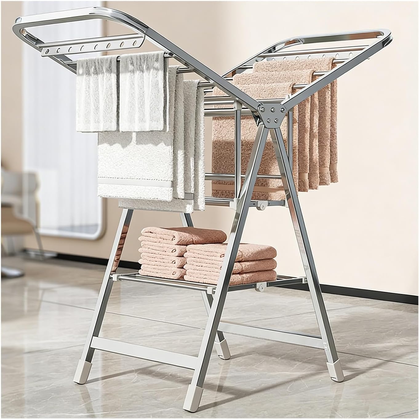 Compact Folding Laundry Airer - Winged Clothes Drying Rack for Towels & Clothing, Space-Saving Design for Bathrooms & Balconies, 150cm Portable Dryer Stand