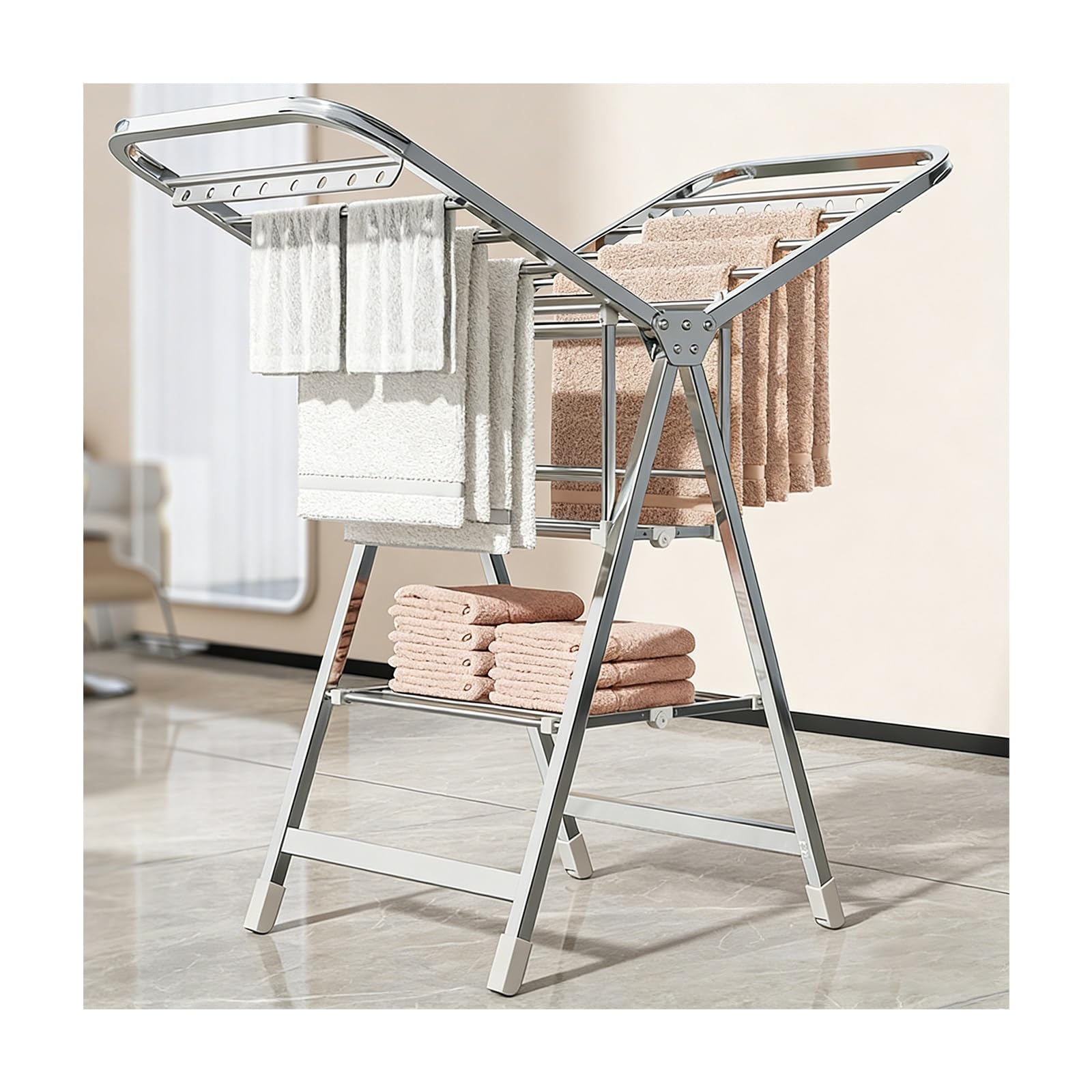 EYRMQWJPC Foldable Clothes Airer， Foldable Laundry Drying Rack, Stainless Steel, Hidden Casters, Indoor Outdoor, 150-180cm(Third Tier,160cm)