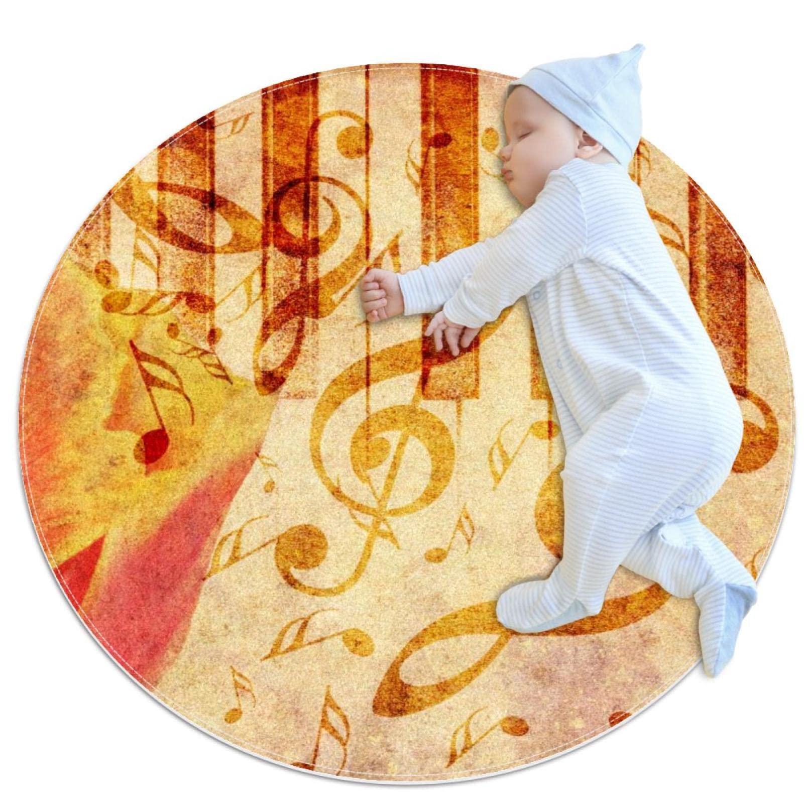 Tapis de salle de bain rond 1m note de musique vintage et tulipe antidérapant chambre