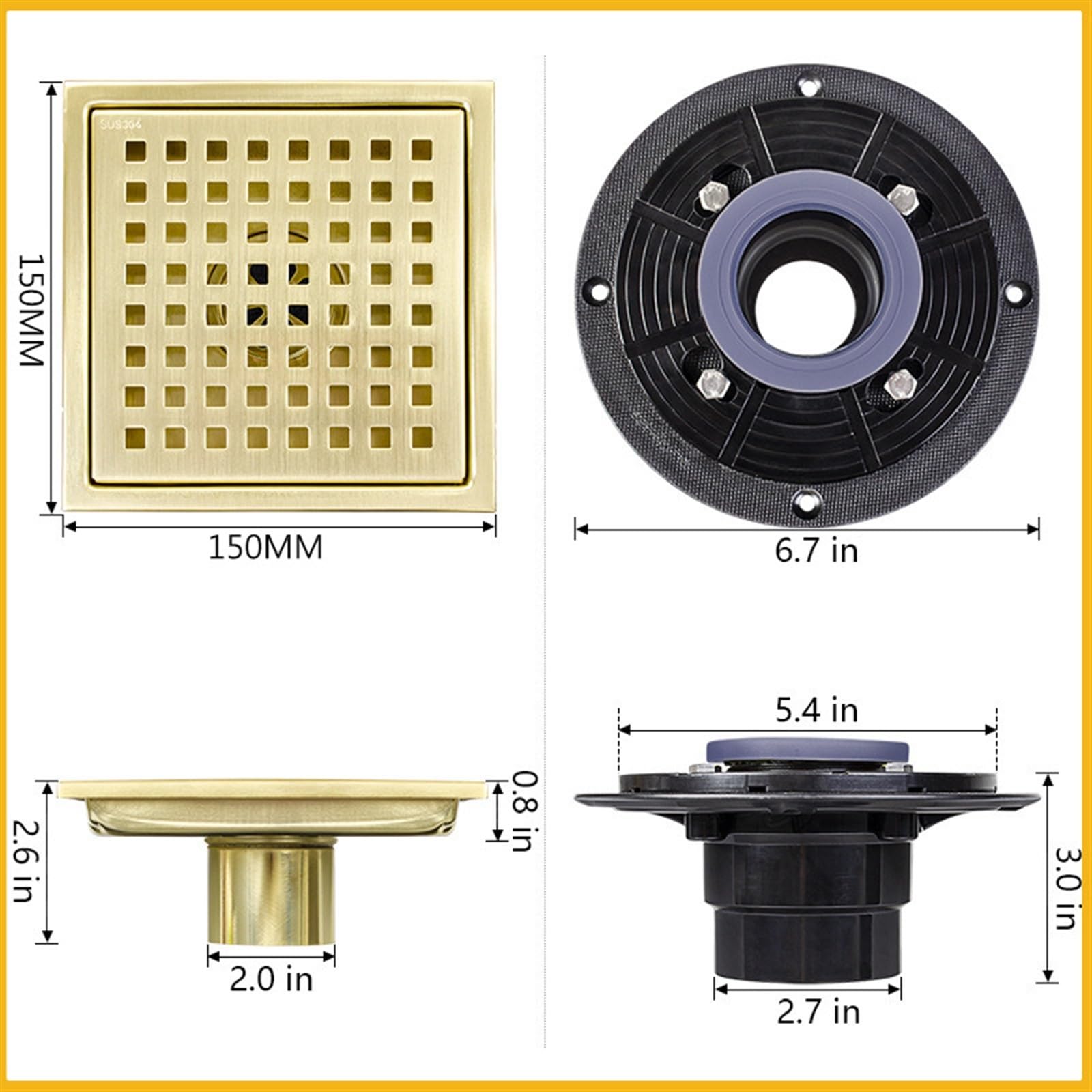 Rejilla desague ducha Desagüe de suelo de acero inoxidable, filtro antiobstrucción de alcantarillado cuadrado, cubierta de drenaje for fregadero, accesorios de Hardware for cocina y baño(11CMX11CM,Typ