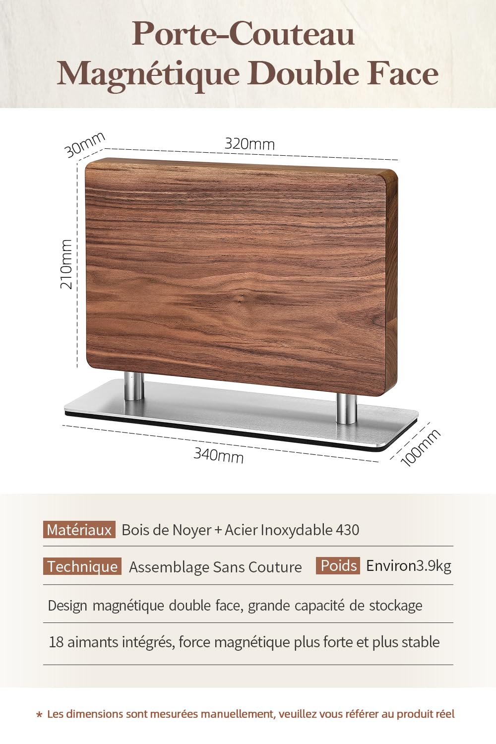 XINZUO Bois de Noyer Bloc à Couteaux Magnétique -Bloc Aimanté Double Face -Facile à Nettoyer -Porte Couteaux avec Aimant Puissant -Range Couteau de Cuisine Vide -avec Tapis de Pied Antidérapant