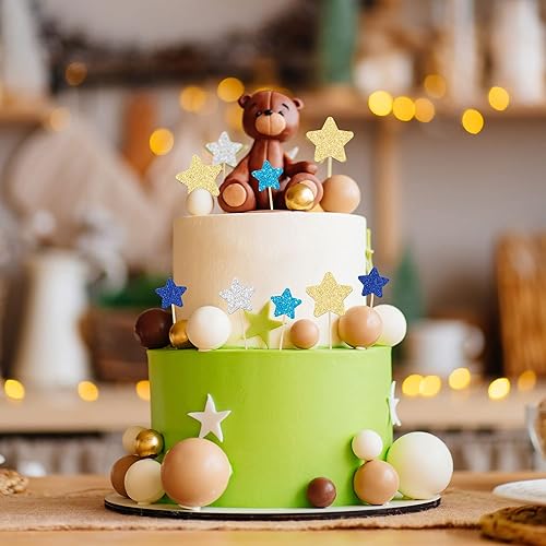 Miniatura 5 de Gyufise 42 piezas de adornos de estrellas para cupcakes, dorados, plateados, azules, con purpurina, tamaño mixto, estrella, decoración para bodas,