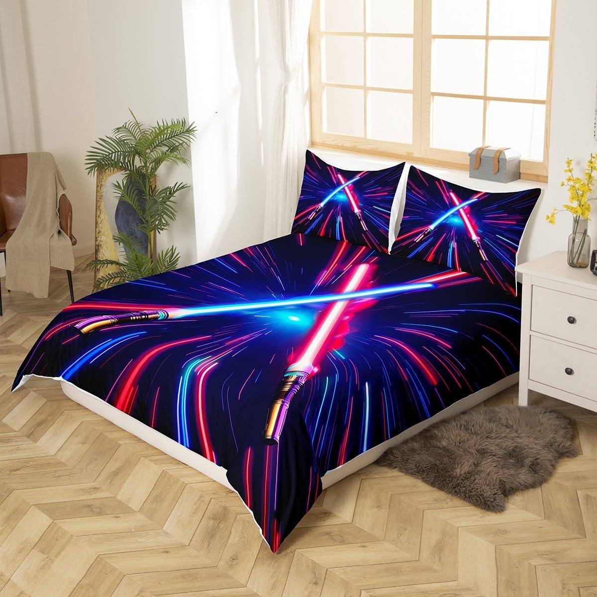 Lightsaber Duvet Cover Set King Size,Geometric Lines Stripes Gradient Bedding Set 3pcs for Kids Teens Boys Adults Bedroom Decor,Modern Fashion Comforter Cover Red Blue Chic Quilt Cover,2 Pillowcases