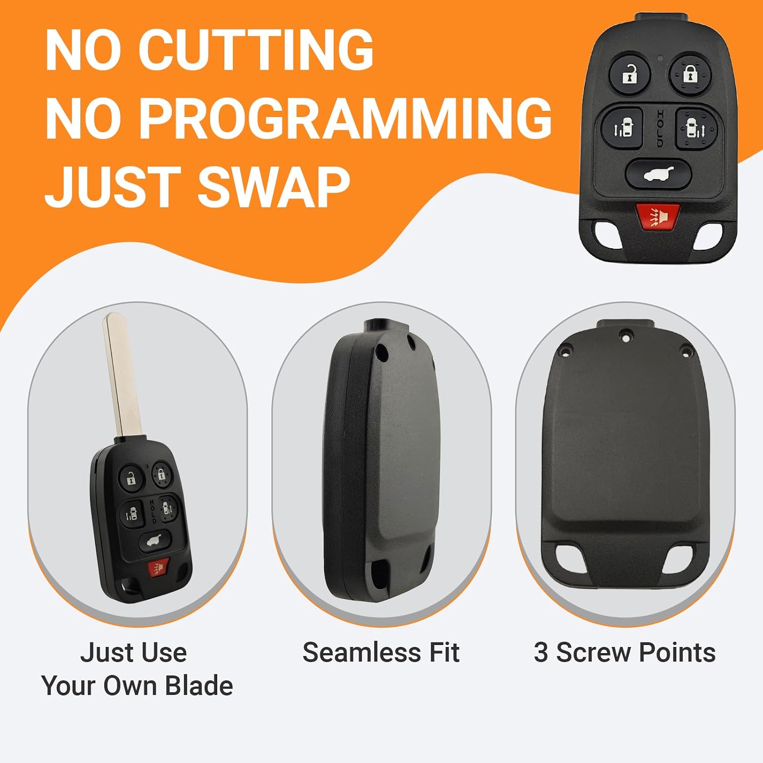 No Cutting Required - Upgraded Version Key Fob Case Shell for 2011 2012 2013 Honda Odyssey 6 Buttons Keyless Entry Replacement Car Key Cover (6 Button)