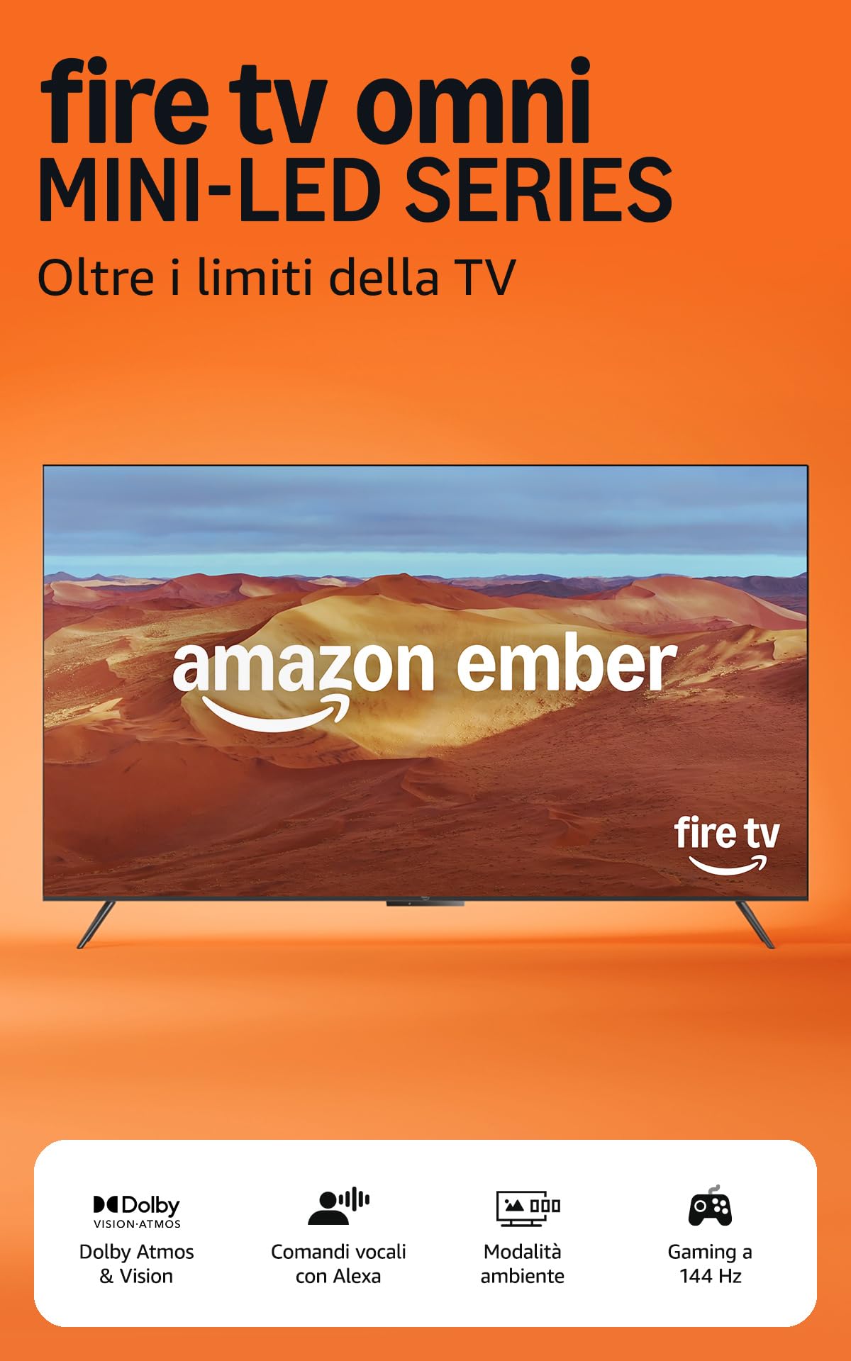 Amazon Ember Serie Omni Mini-LED da 65" con Fire TV, smart TV QLED 4K UHD, Dolby Vision IQ, modalità ambiente, modalità di gioco a 144 Hz, local dimming, comandi vocali con Alexa