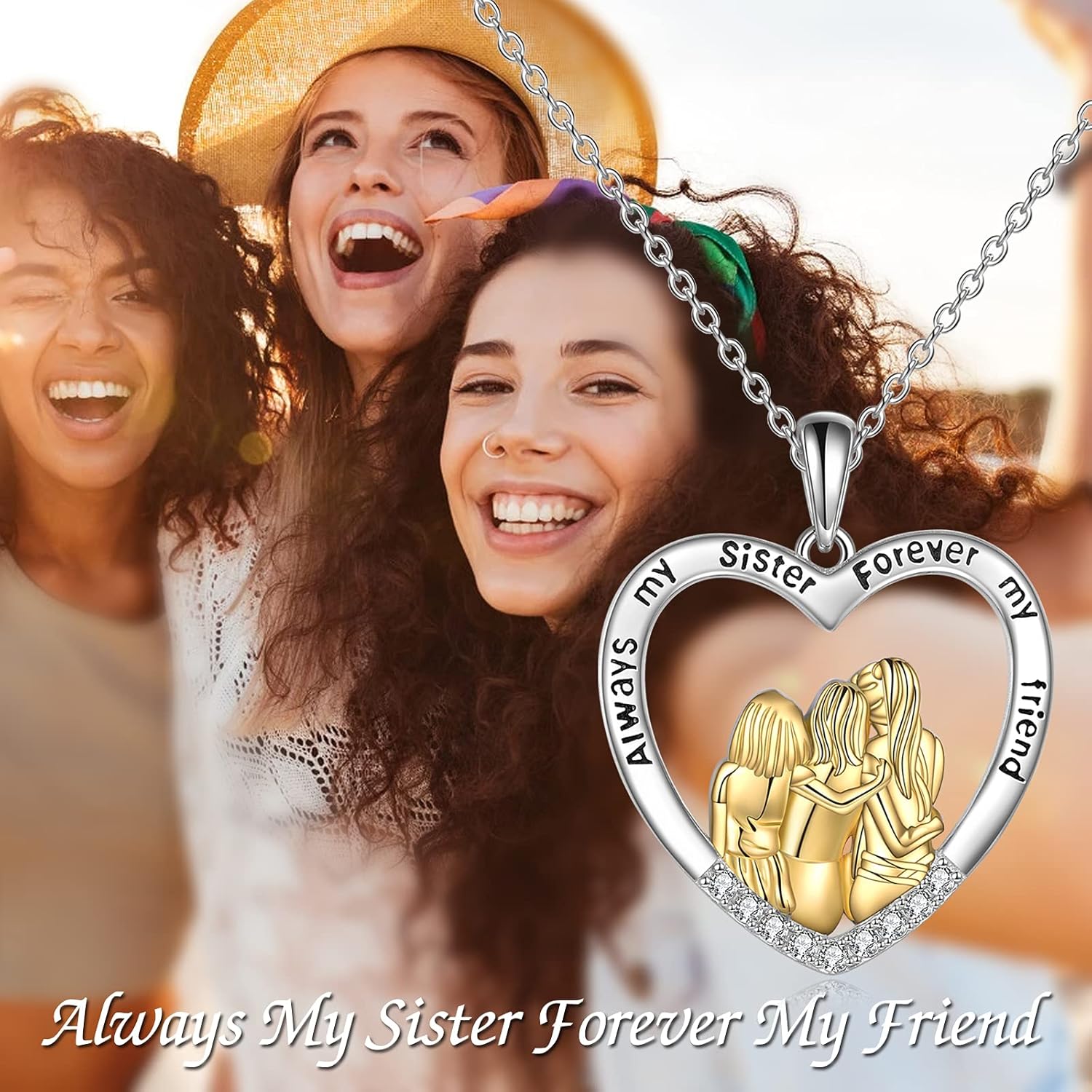 POPKIMI Sister Gifts from Sister/Brother Two Three Four Five Sisters Necklace Sterling Silver Crystal Fashion Jewelry Gift for Women Friend Female Friendship Lasts Forever - Image 2