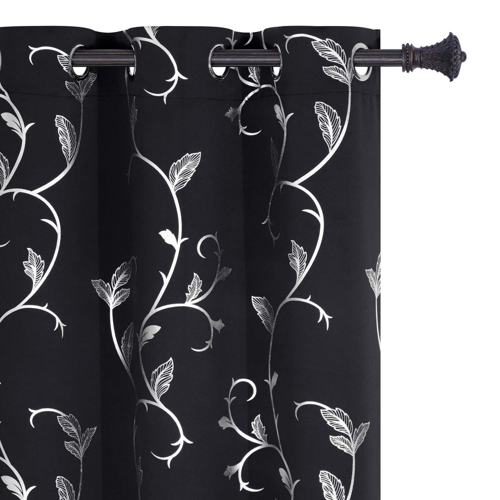 BUHUA Small Window Blackout Curtains with Silver Vine Print Pattern Black Blackout Curtains for Kitchen Window 38W×45L Black Set of 2