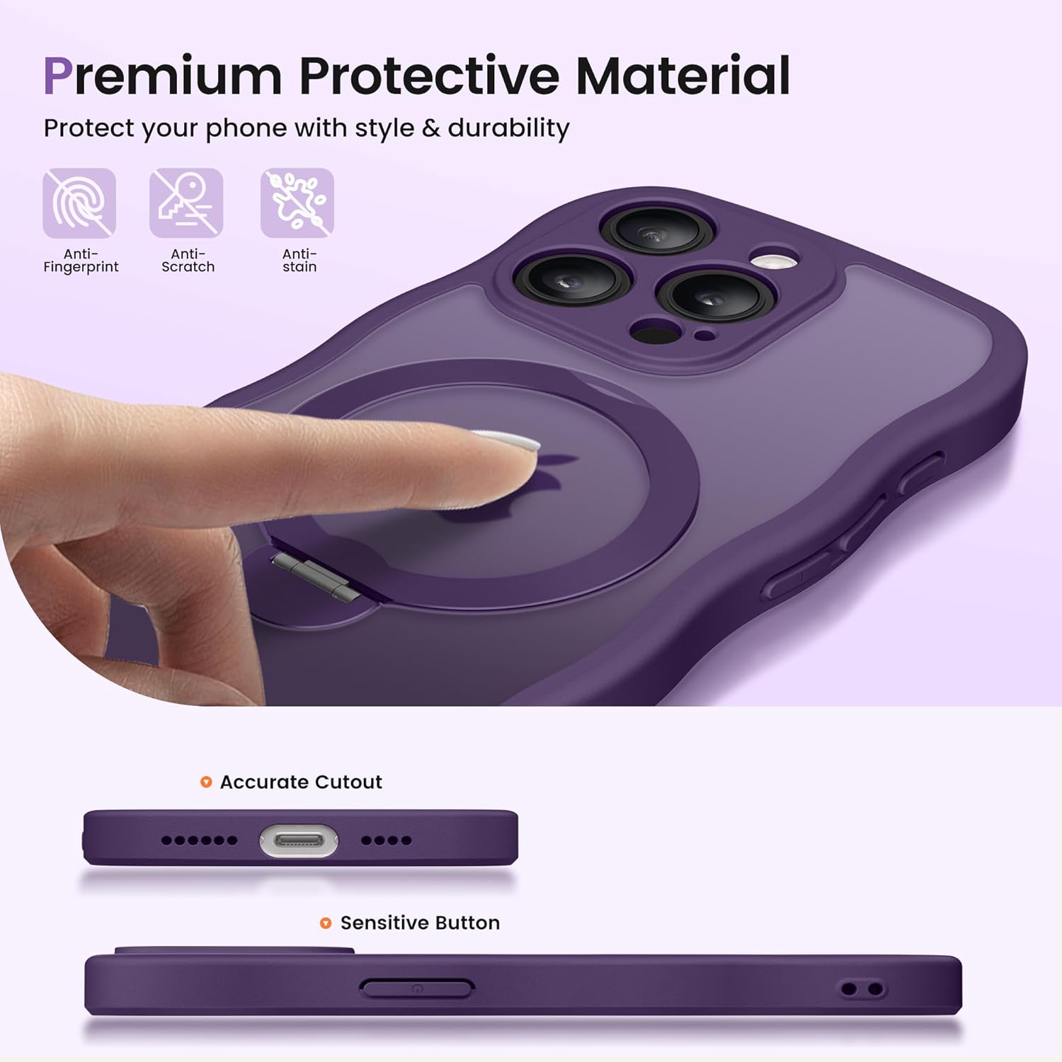 CAPRARO for iPhone 15 Pro Max Case with 360° Spin Magnetic Stand for Women, [Compatible with MagSafe] [Full Camera Protection] Cute Wave Translucent Matte Case for iPhone 15 Pro Max, Deep Purple - Image 8