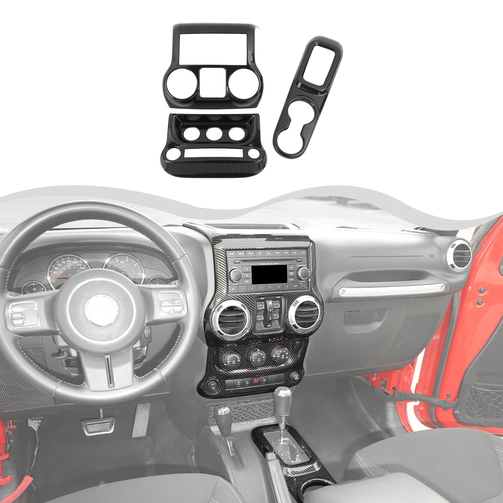 HTHECenter Console Gear Shift Cover Cup Holder Trim Center Control Panel Dashboard Cover Trim AC Switch Panel Cover Compatible with Jeep Wrangler JK 2011-2017(Carbon Fiber Black,ABS,3PC)