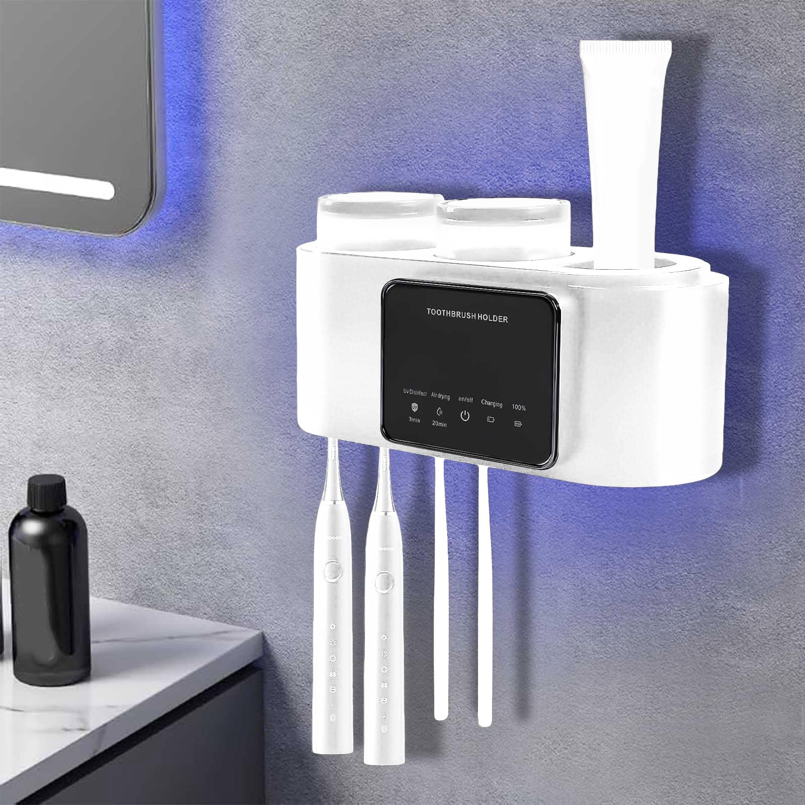Portaspazzolino da parete con vano portaoggetti, supporto per spazzolino elettrico con funzione di asciugatura e pulizia per il bagno, 4 fessure per pennelli, 2 bicchieri (bianco)